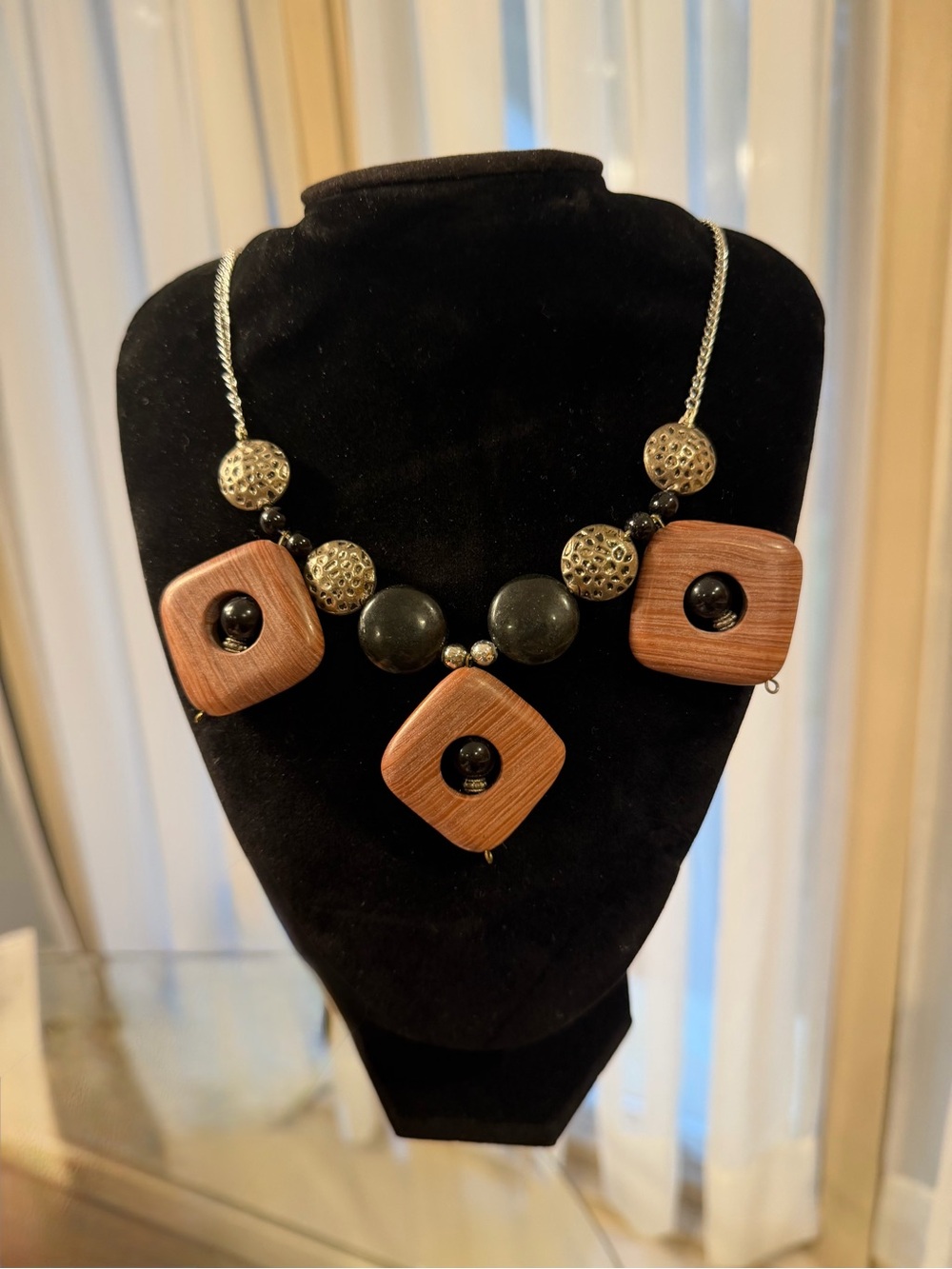 Handmade Wood Colored, Silver, & Black Bead Statement Necklace